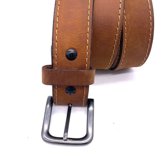 Genuine Leather Casual Belt Men's Size 46 Brown Contrast Stitch Work Retro Offic - Picture 2 of 4
